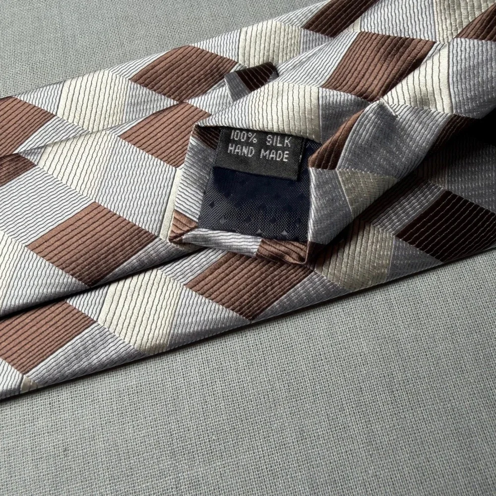 Necktie Mens OS Brown Silver Excellent Silk Geometric Checkered Tie
